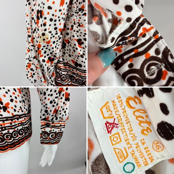 Vintage 70s Spotted Top Women's Medium Orange Brown Border Print Collared Shirt - Picture 7 of 8